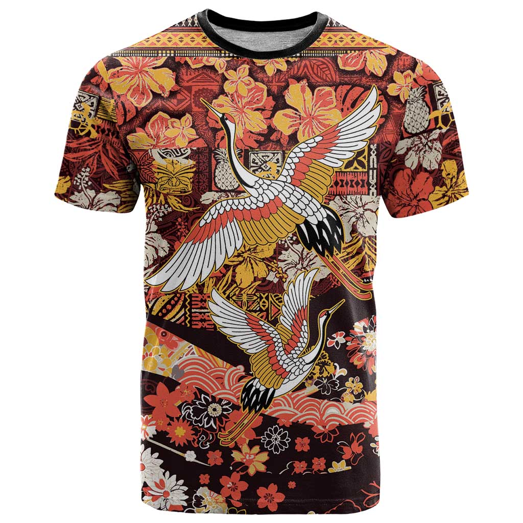 Japanese Hawaiian Crane T Shirt Yellow Ochre Tapa Patchwork Pattern LT9 Yellow - Polynesian Pride