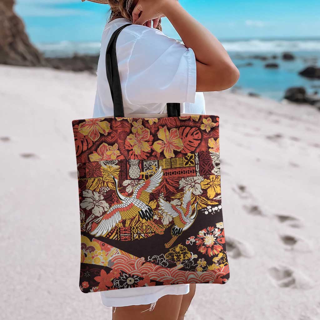 Japanese Hawaiian Crane Tote Bag Yellow Ochre Tapa Patchwork Pattern LT9 - Polynesian Pride