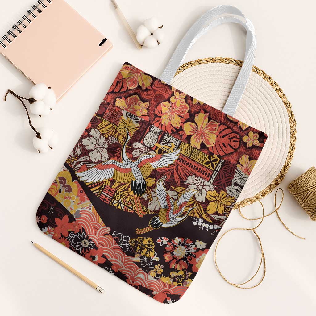 Japanese Hawaiian Crane Tote Bag Yellow Ochre Tapa Patchwork Pattern LT9 White Strap One Size Yellow - Polynesian Pride