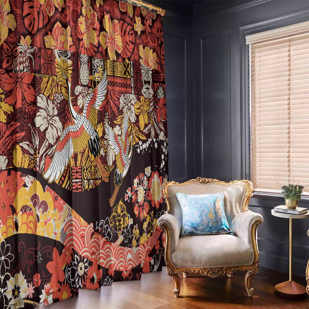 Japanese Hawaiian Crane Window Curtain Yellow Ochre Tapa Patchwork Pattern LT9 - Polynesian Pride