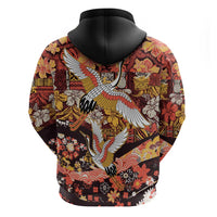 Japanese Hawaiian Crane Zip Hoodie Yellow Ochre Tapa Patchwork Pattern LT9 - Polynesian Pride
