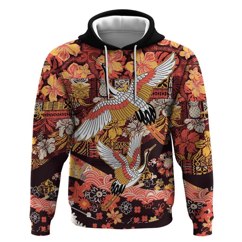Japanese Hawaiian Crane Zip Hoodie Yellow Ochre Tapa Patchwork Pattern LT9 Pullover Hoodie Yellow - Polynesian Pride