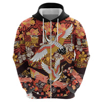 Japanese Hawaiian Crane Zip Hoodie Yellow Ochre Tapa Patchwork Pattern LT9 - Polynesian Pride