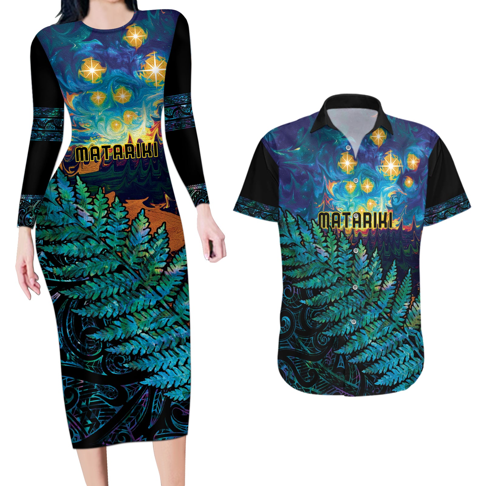 Matariki Te Tau Hou Maori Couples Matching Long Sleeve Bodycon Dress and Hawaiian Shirt New Zealand Silver Fern Night Starry Sky