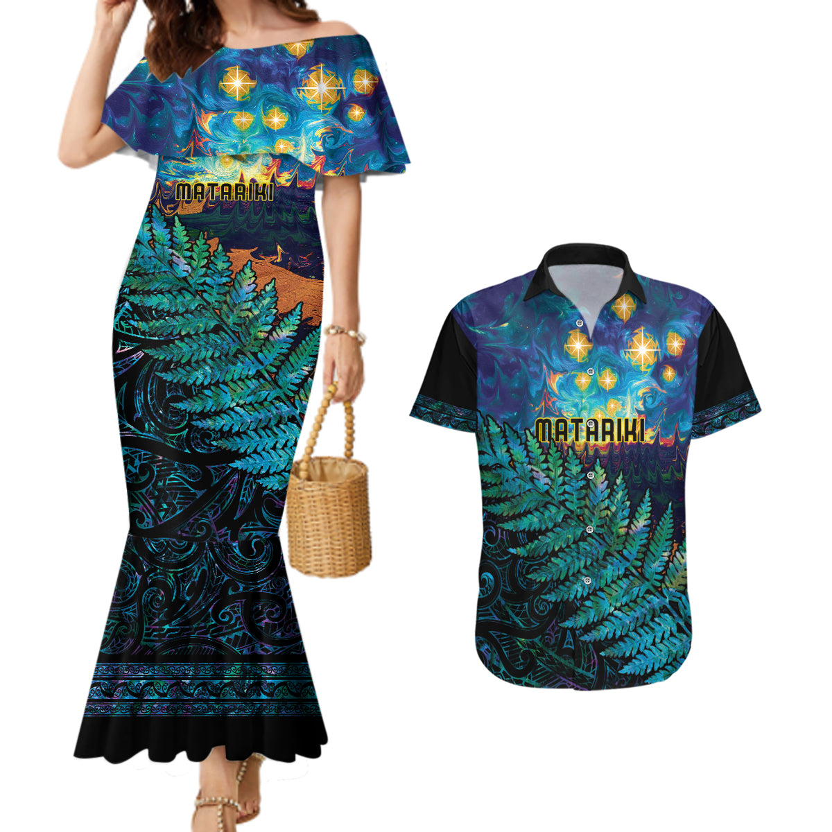 Matariki Te Tau Hou Maori Couples Matching Mermaid Dress and Hawaiian Shirt New Zealand Silver Fern Night Starry Sky