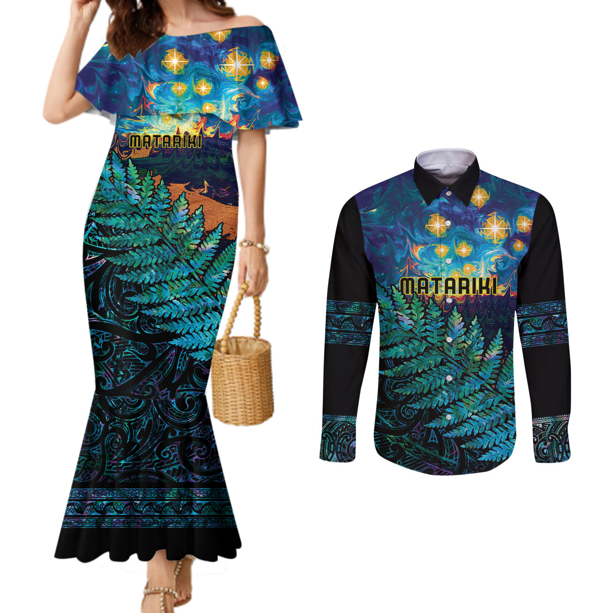 Matariki Te Tau Hou Maori Couples Matching Mermaid Dress and Long Sleeve Button Shirt New Zealand Silver Fern Night Starry Sky