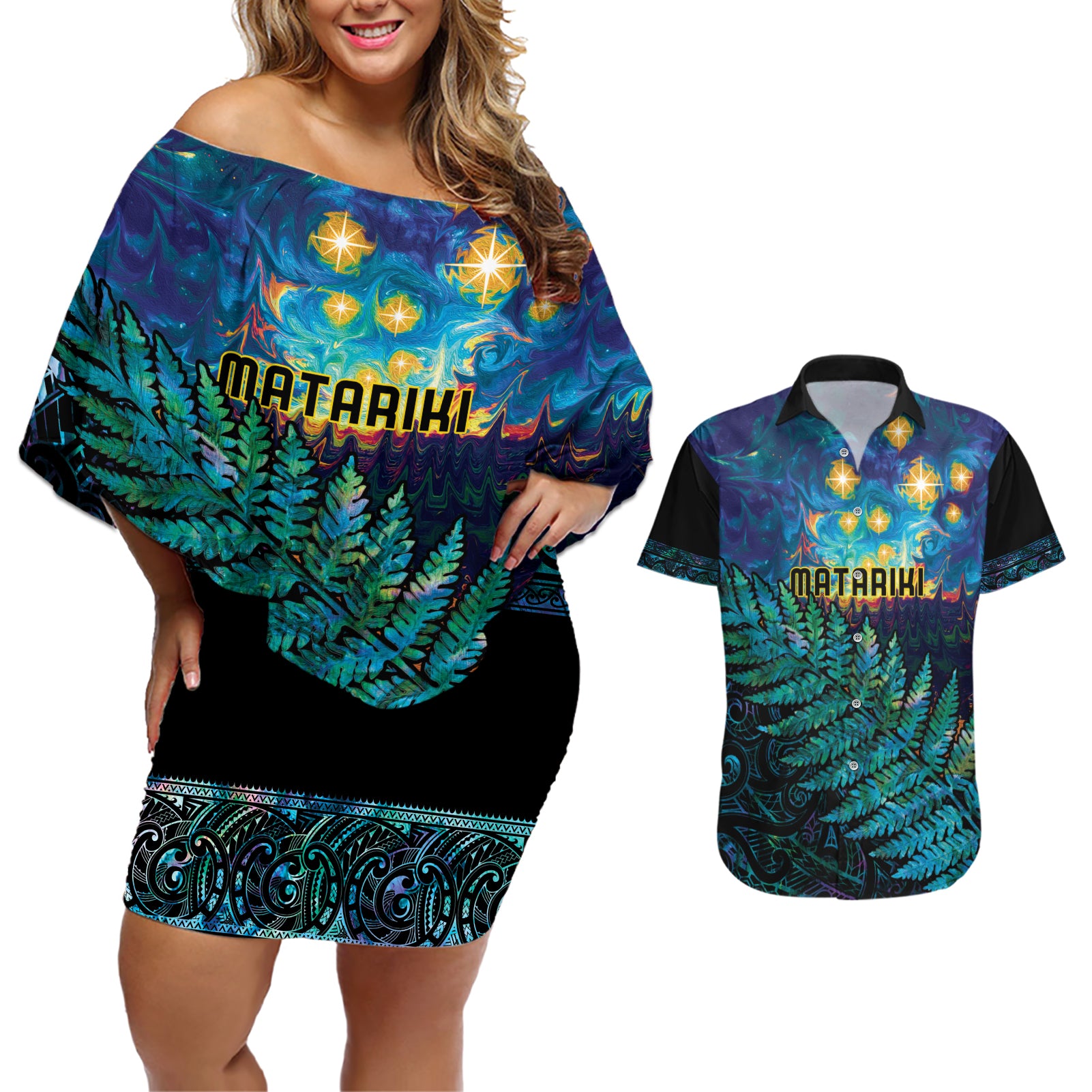 Matariki Te Tau Hou Maori Couples Matching Off Shoulder Short Dress and Hawaiian Shirt New Zealand Silver Fern Night Starry Sky