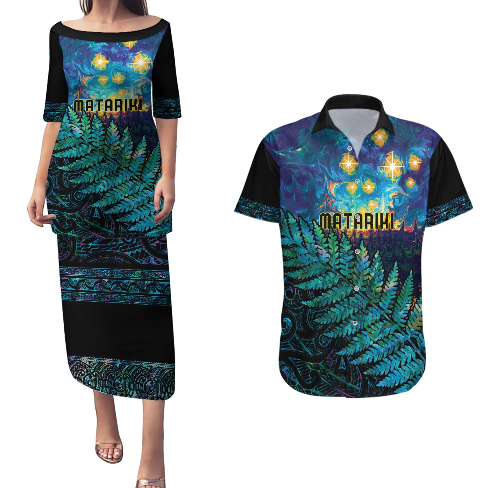 Matariki Te Tau Hou Maori Couples Matching Puletasi and Hawaiian Shirt New Zealand Silver Fern Night Starry Sky