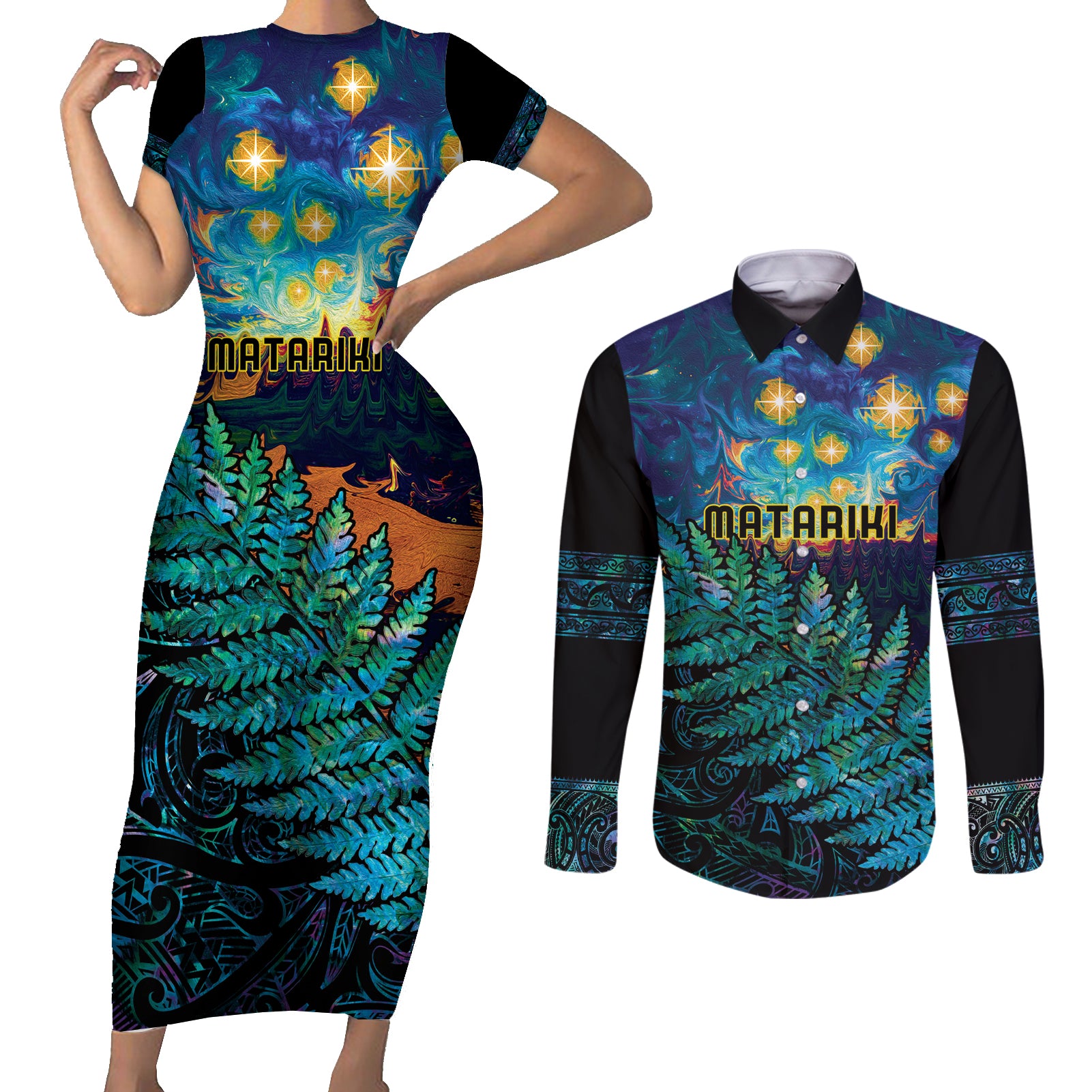 Matariki Te Tau Hou Maori Couples Matching Short Sleeve Bodycon Dress and Long Sleeve Button Shirt New Zealand Silver Fern Night Starry Sky