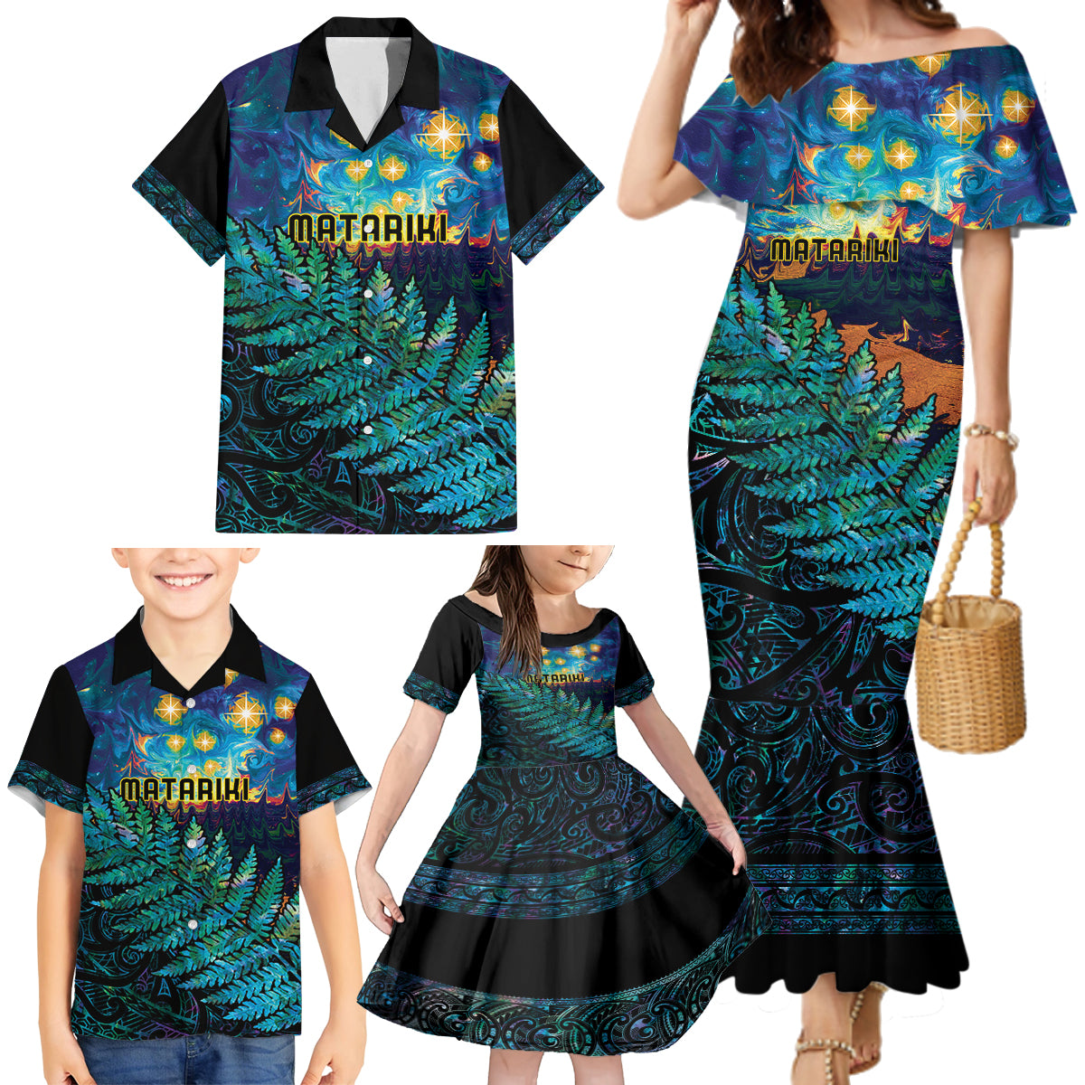 Matariki Te Tau Hou Maori Family Matching Mermaid Dress and Hawaiian Shirt New Zealand Silver Fern Night Starry Sky