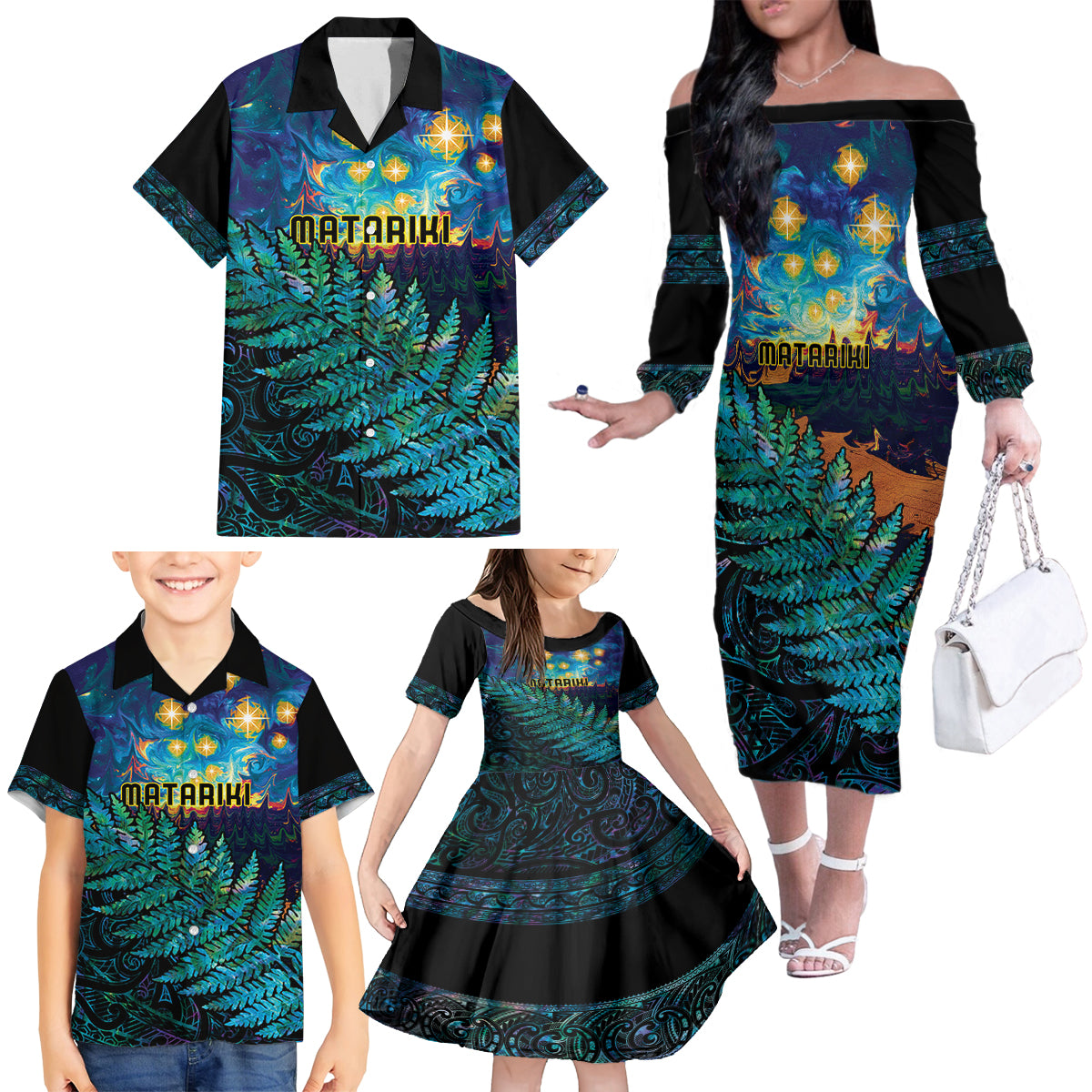 Matariki Te Tau Hou Maori Family Matching Off The Shoulder Long Sleeve Dress and Hawaiian Shirt New Zealand Silver Fern Night Starry Sky