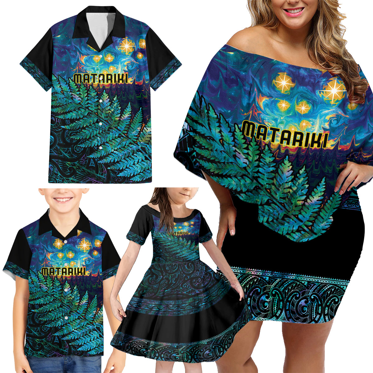 Matariki Te Tau Hou Maori Family Matching Off Shoulder Short Dress and Hawaiian Shirt New Zealand Silver Fern Night Starry Sky