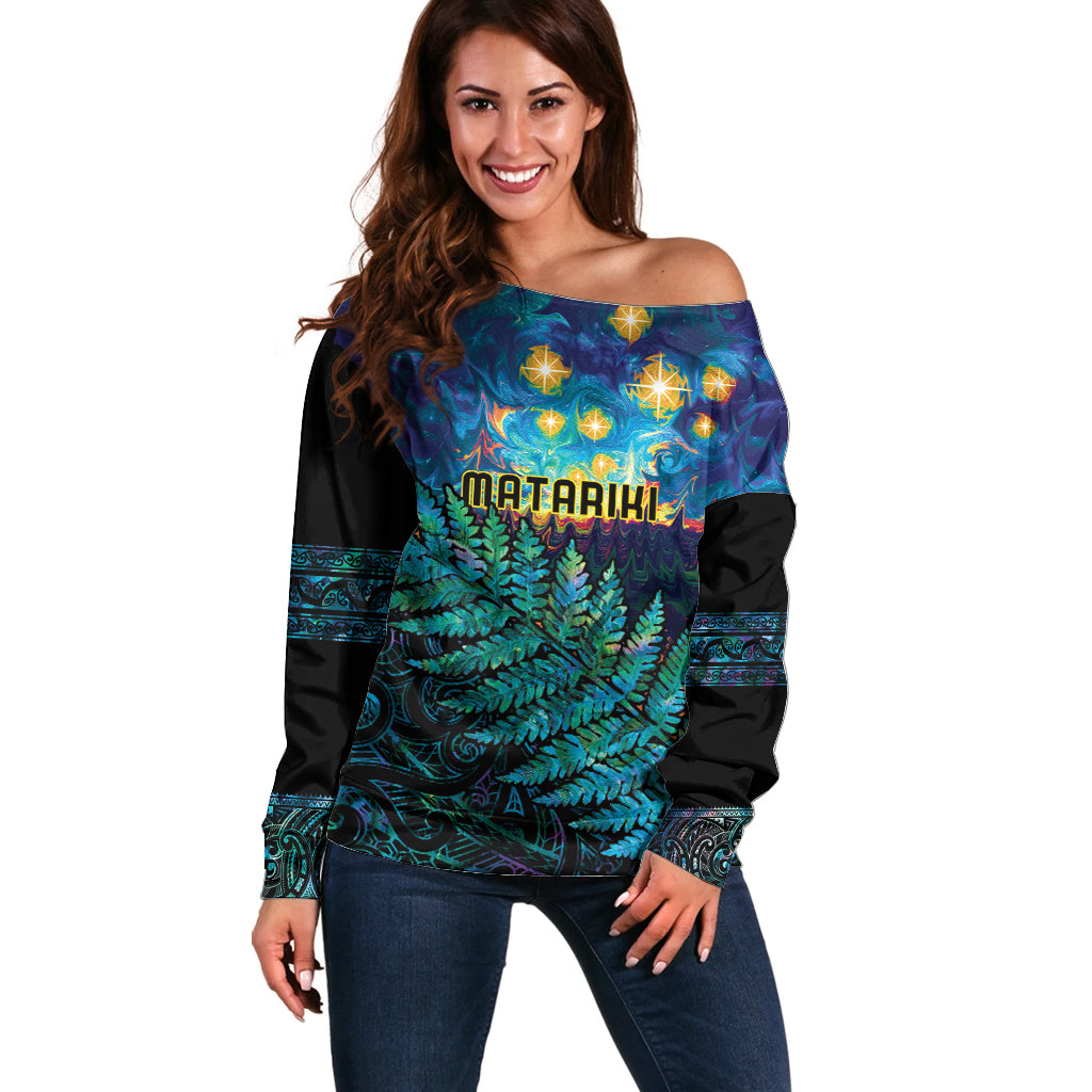 Matariki Te Tau Hou Maori Off Shoulder Sweater New Zealand Silver Fern Night Starry Sky LT9 Women Black - Polynesian Pride