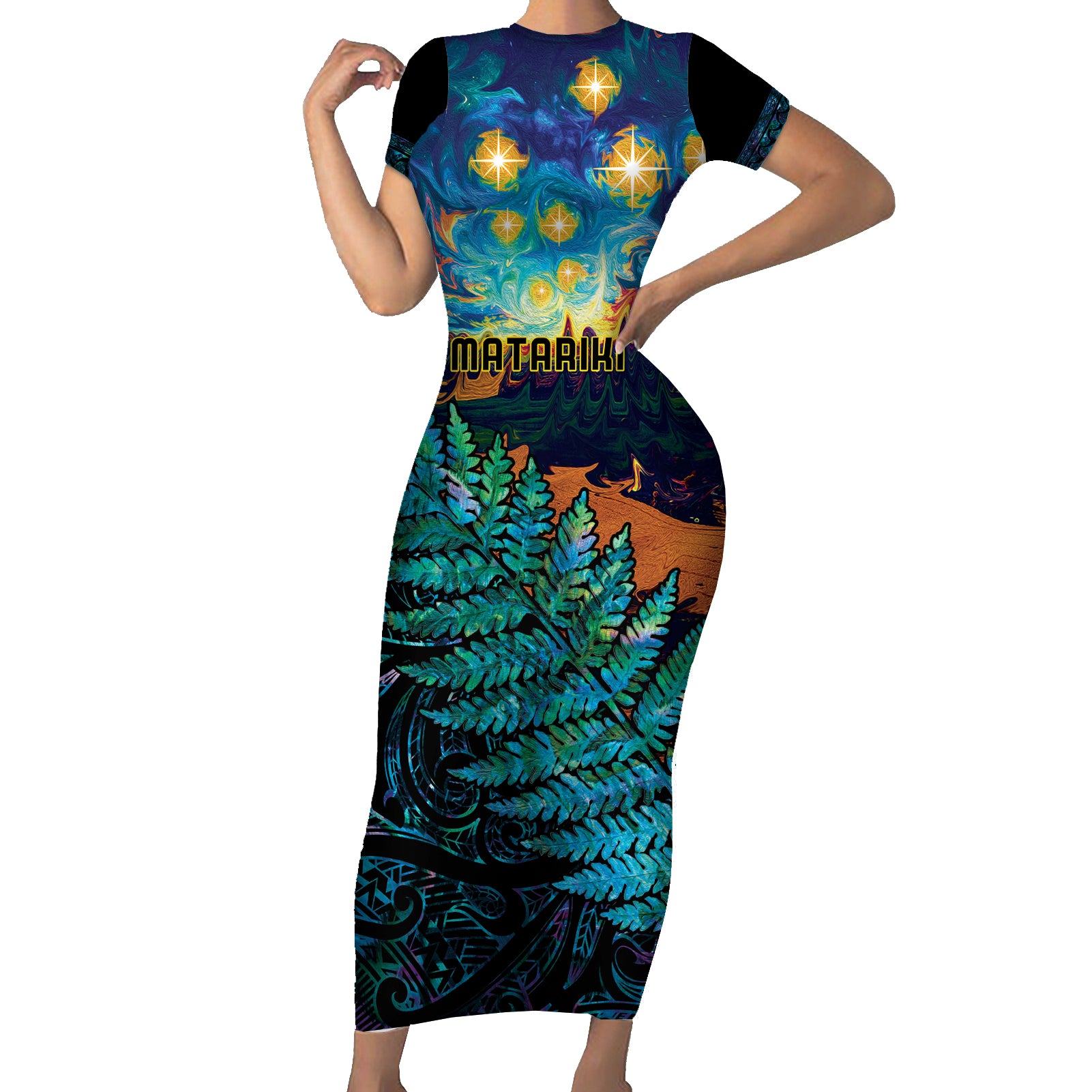 Matariki Te Tau Hou Maori Short Sleeve Bodycon Dress New Zealand Silver Fern Night Starry Sky