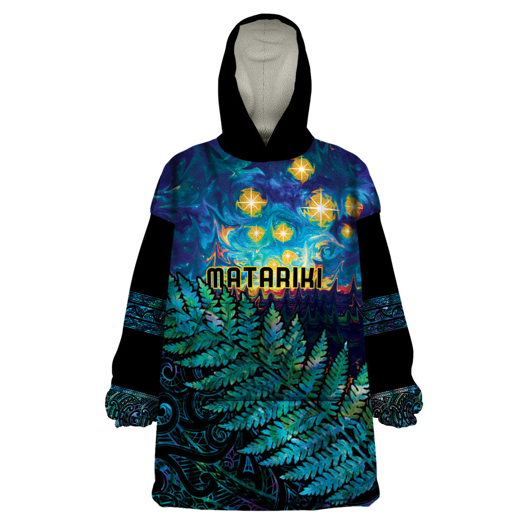 Matariki Te Tau Hou Maori Wearable Blanket Hoodie New Zealand Silver Fern Night Starry Sky