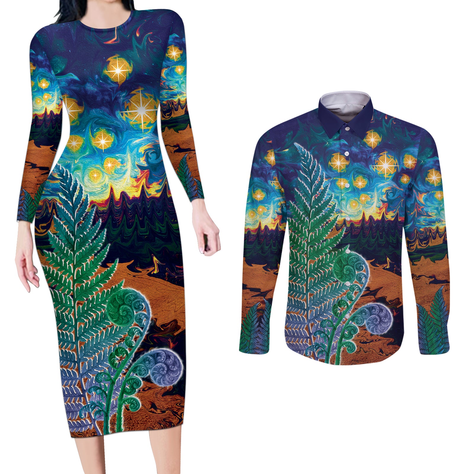 Personalised New Zealand Matariki Art Star Couples Matching Long Sleeve Bodycon Dress and Long Sleeve Button Shirt Koru Fern Night Starry Sky