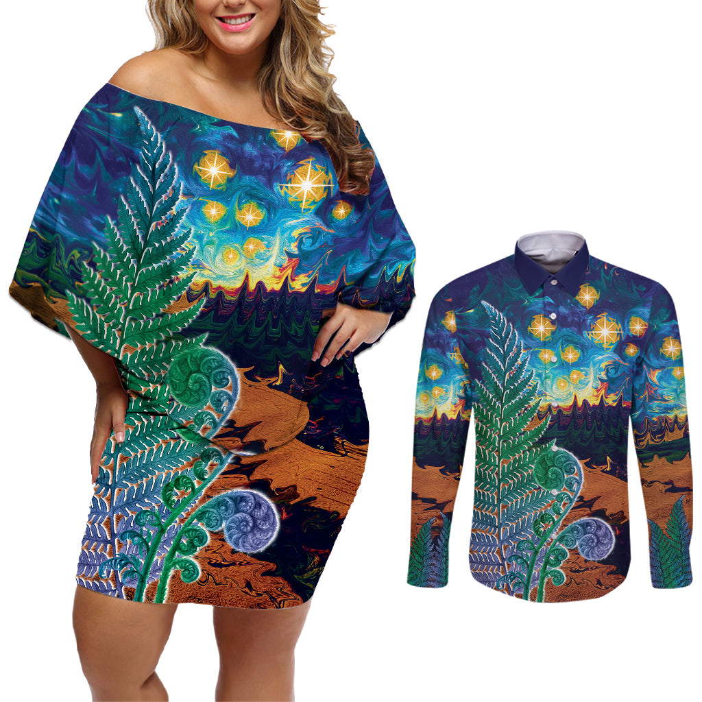 Personalised New Zealand Matariki Art Star Couples Matching Off Shoulder Short Dress and Long Sleeve Button Shirt Koru Fern Night Starry Sky