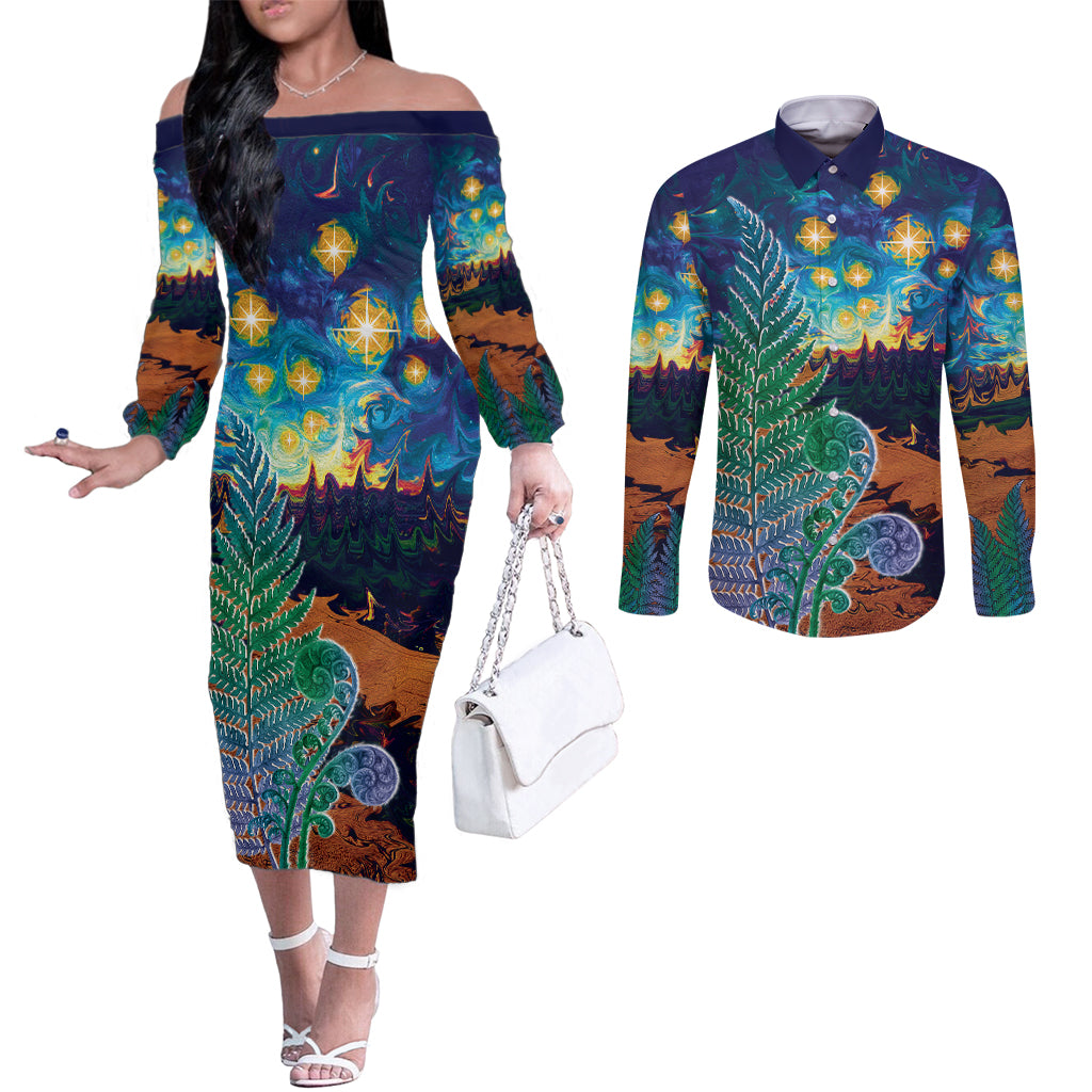 Personalised New Zealand Matariki Art Star Couples Matching Off The Shoulder Long Sleeve Dress and Long Sleeve Button Shirt Koru Fern Night Starry Sky