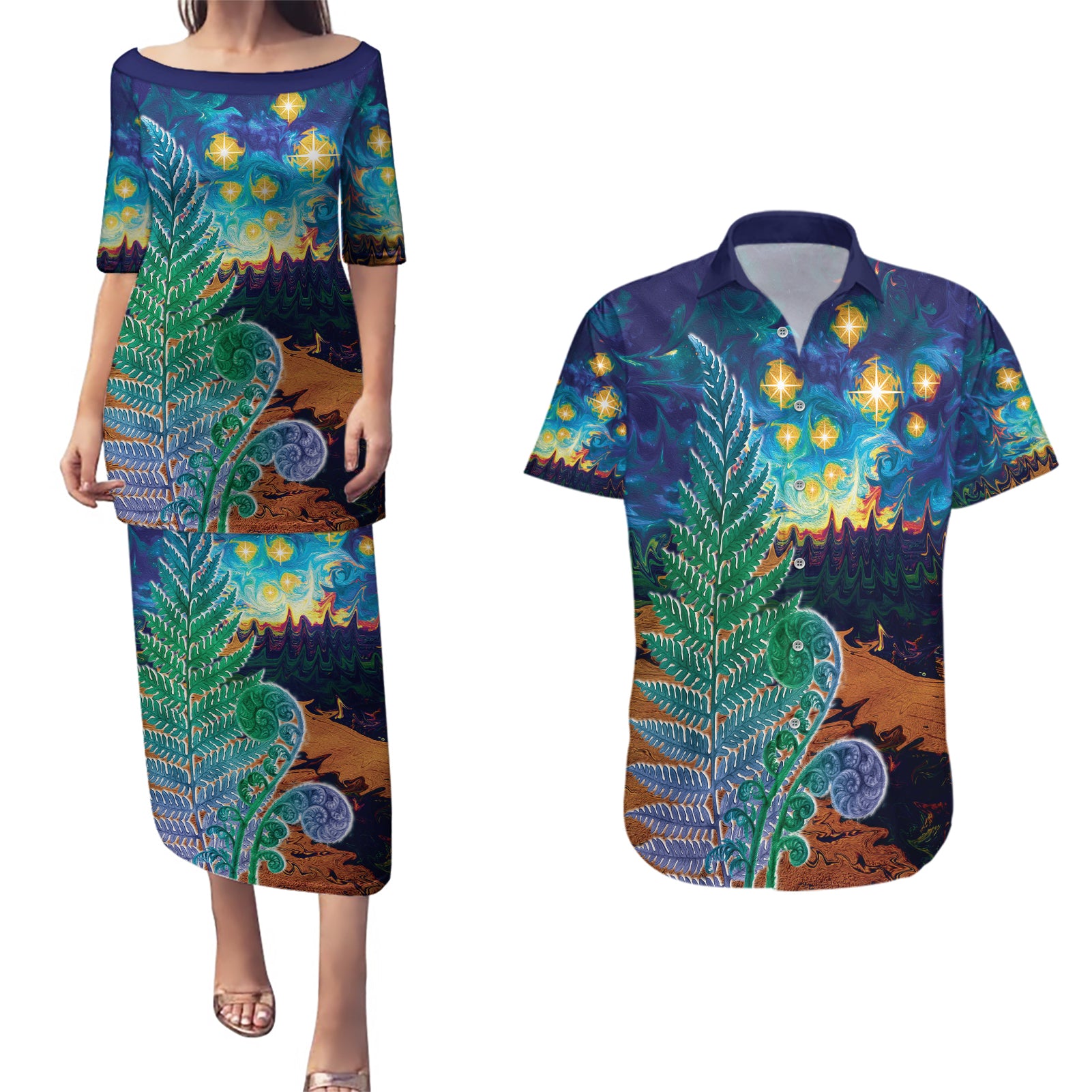 Personalised New Zealand Matariki Art Star Couples Matching Puletasi and Hawaiian Shirt Koru Fern Night Starry Sky