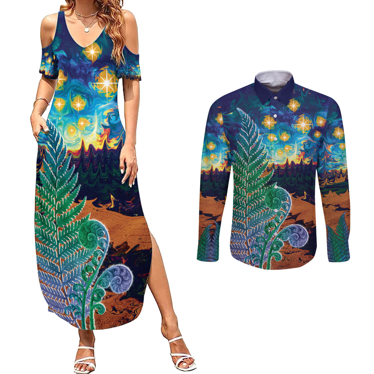 Personalised New Zealand Matariki Art Star Couples Matching Summer Maxi Dress and Long Sleeve Button Shirt Koru Fern Night Starry Sky