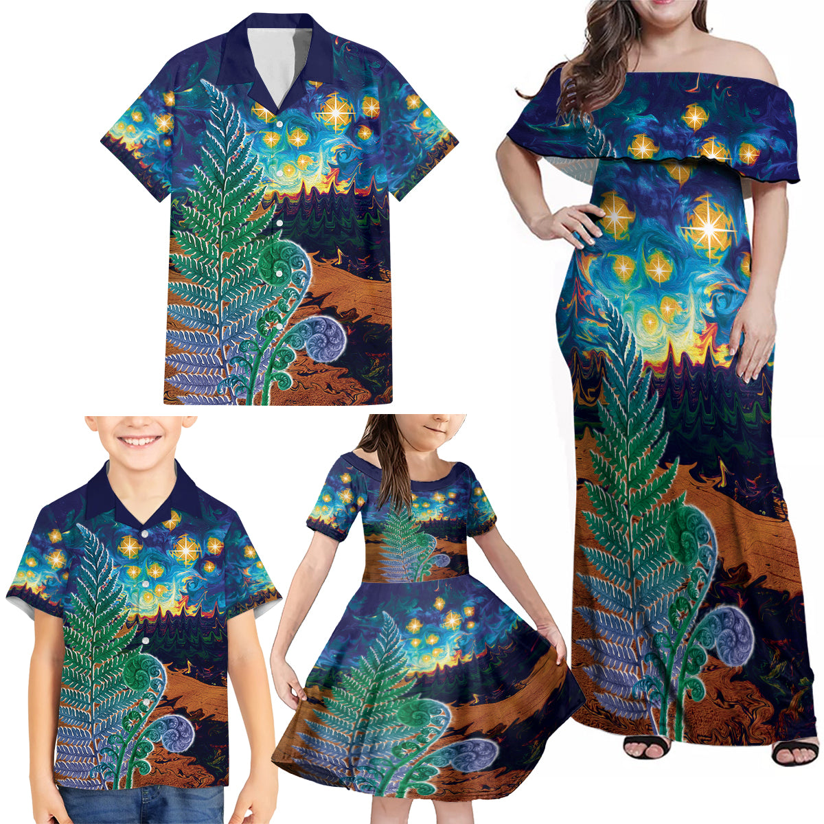 Personalised New Zealand Matariki Art Star Family Matching Off Shoulder Maxi Dress and Hawaiian Shirt Koru Fern Night Starry Sky