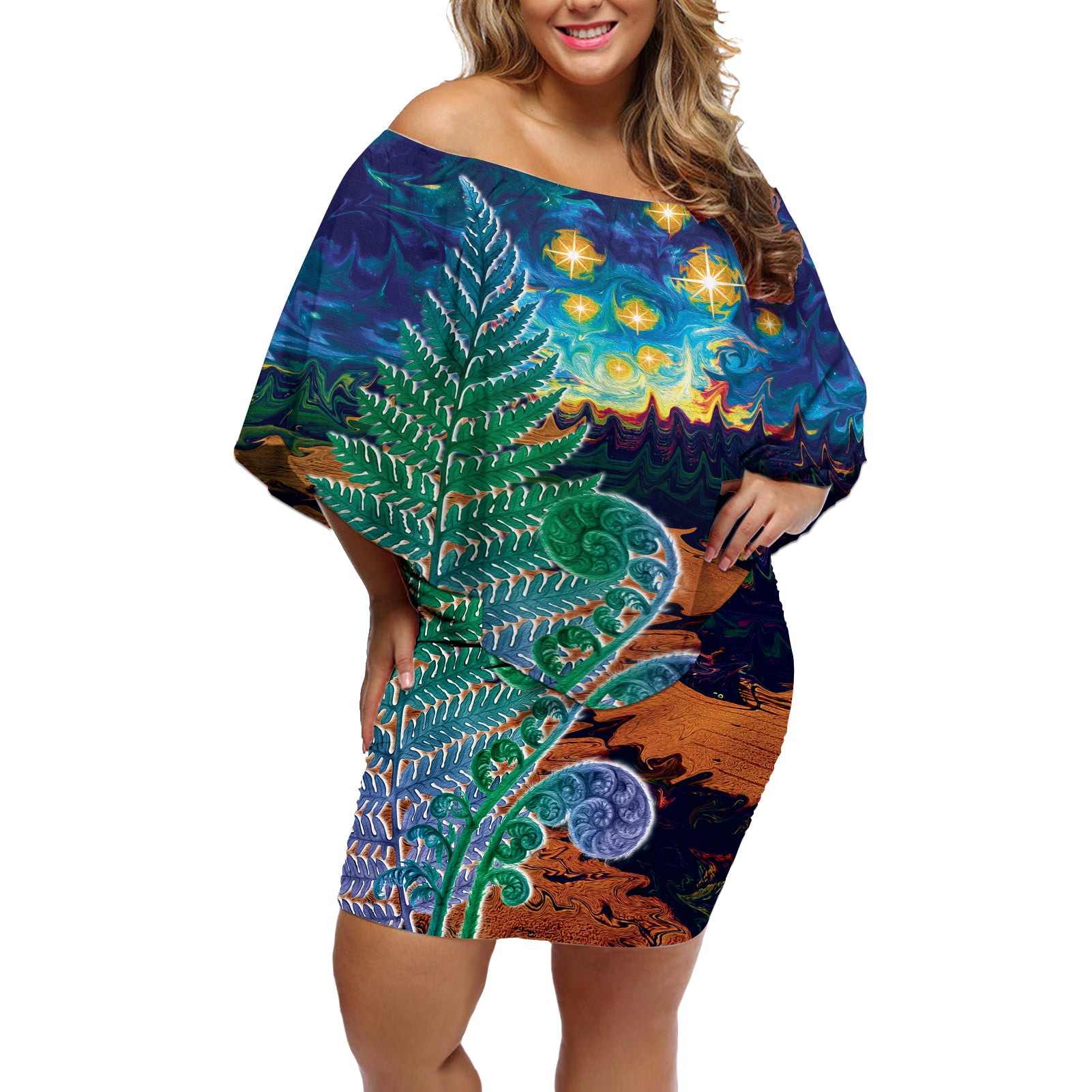 Personalised New Zealand Matariki Art Star Off Shoulder Short Dress Koru Fern Night Starry Sky