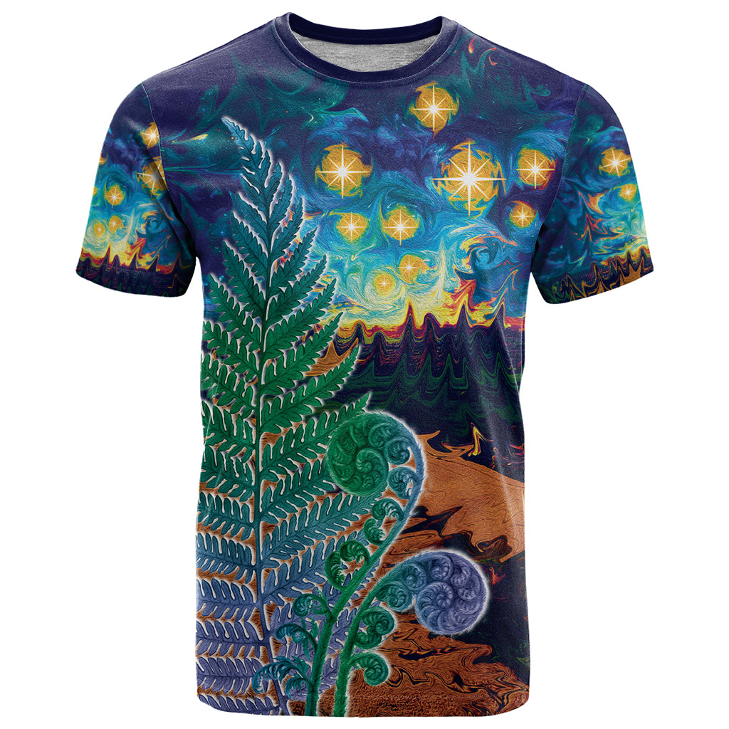 Personalised New Zealand Matariki Art Star T Shirt Koru Fern Night Starry Sky LT9 Black - Polynesian Pride