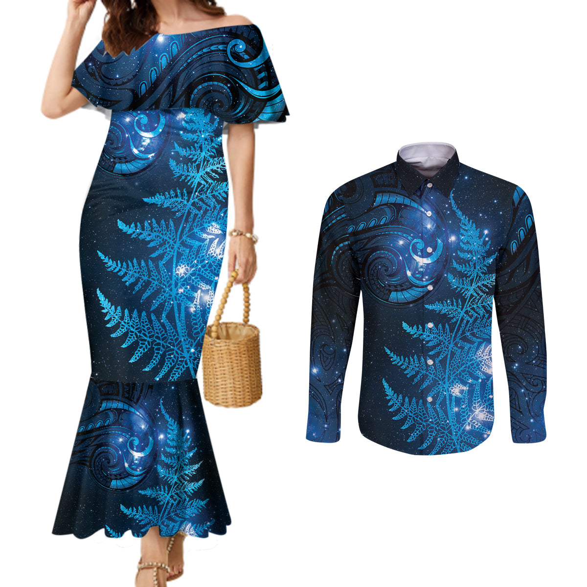 New Zealand Matariki Couples Matching Mermaid Dress and Long Sleeve Button Shirt Blue Milky Way Stars Night Sky