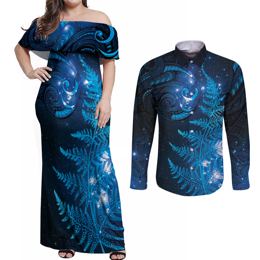 New Zealand Matariki Couples Matching Off Shoulder Maxi Dress and Long Sleeve Button Shirt Blue Milky Way Stars Night Sky