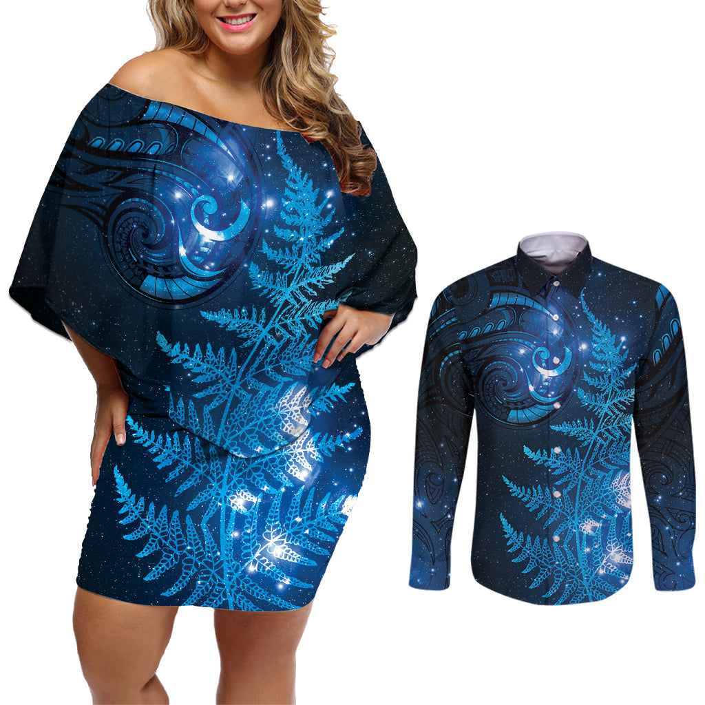 New Zealand Matariki Couples Matching Off Shoulder Short Dress and Long Sleeve Button Shirt Blue Milky Way Stars Night Sky