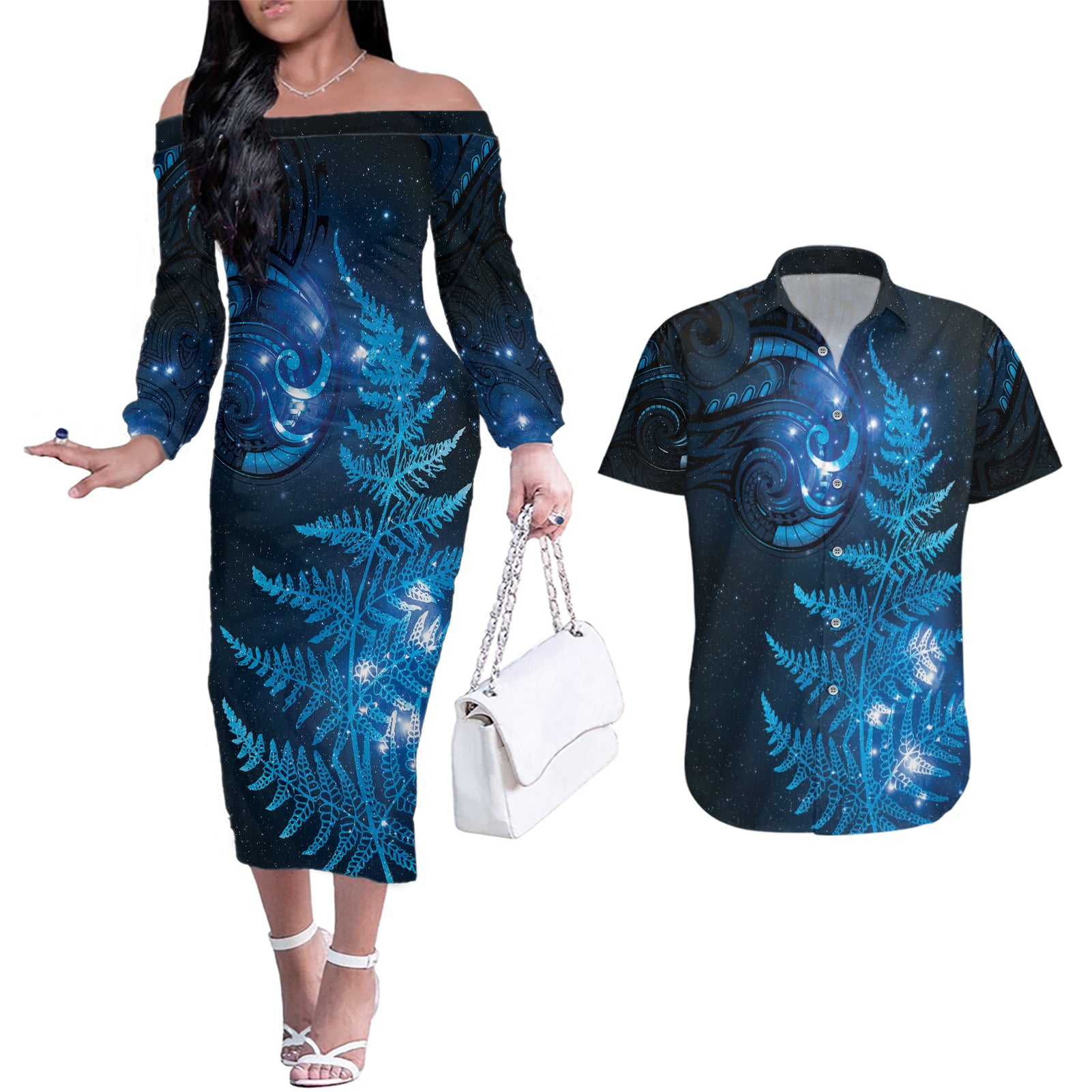 New Zealand Matariki Couples Matching Off The Shoulder Long Sleeve Dress and Hawaiian Shirt Blue Milky Way Stars Night Sky