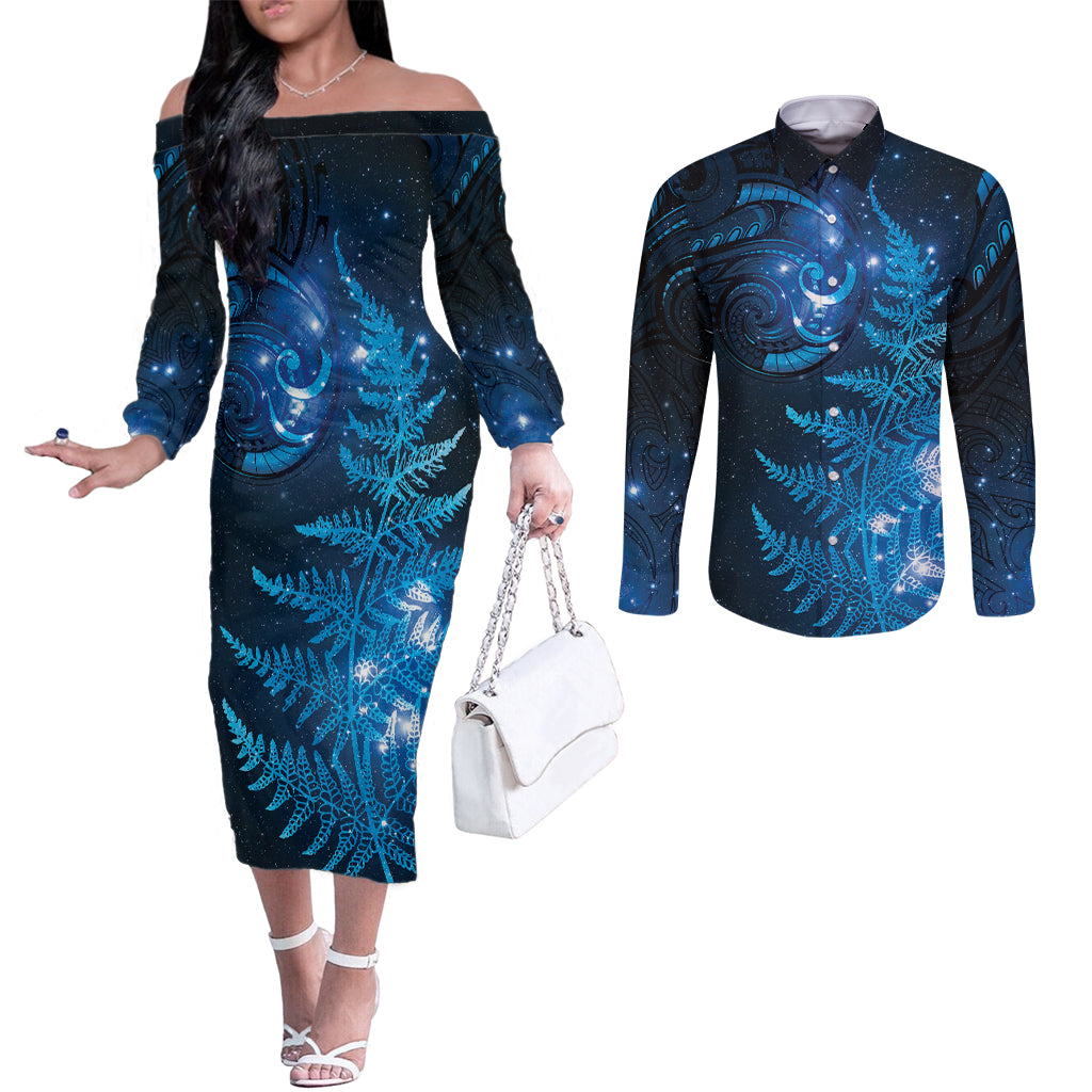 New Zealand Matariki Couples Matching Off The Shoulder Long Sleeve Dress and Long Sleeve Button Shirt Blue Milky Way Stars Night Sky