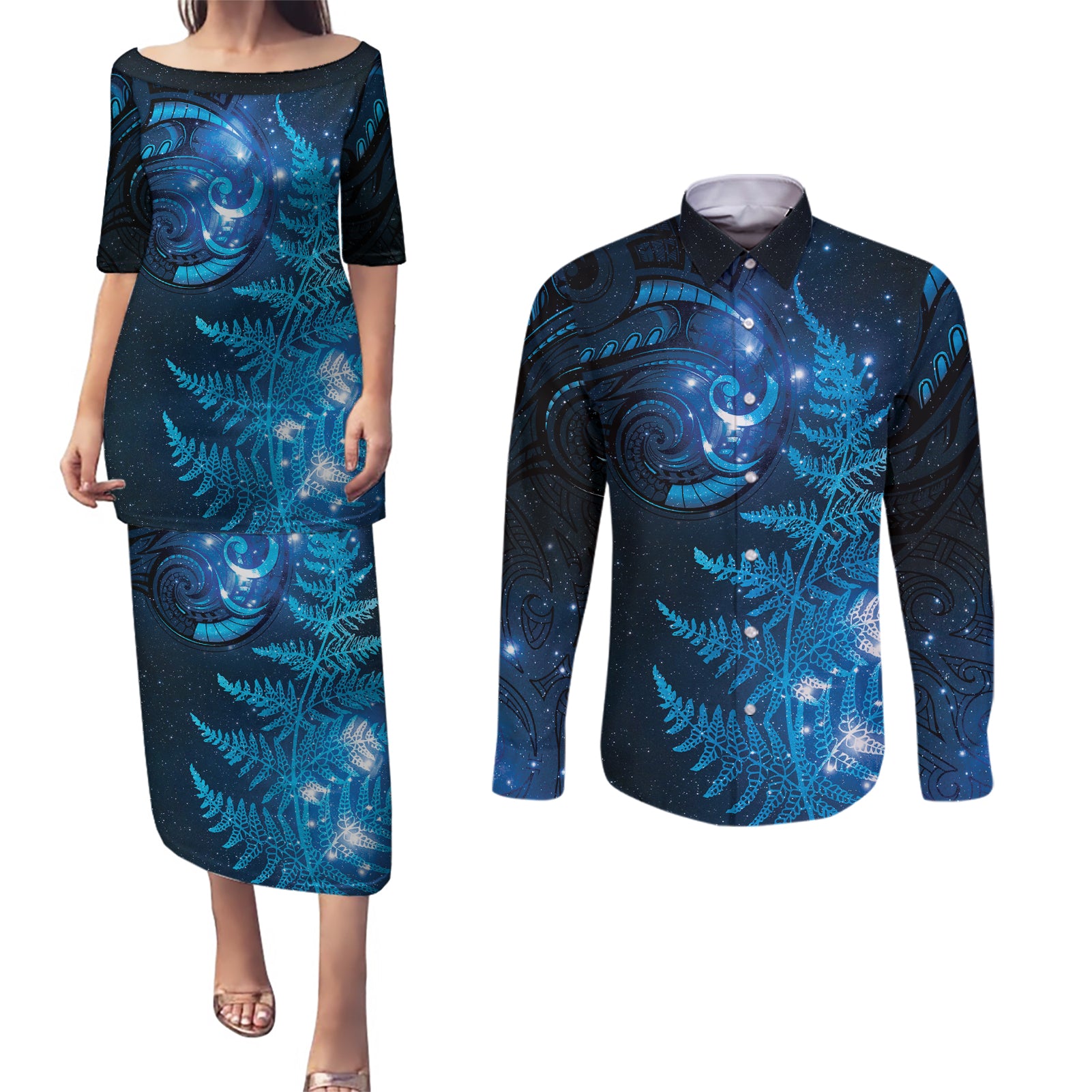 New Zealand Matariki Couples Matching Puletasi and Long Sleeve Button Shirt Blue Milky Way Stars Night Sky