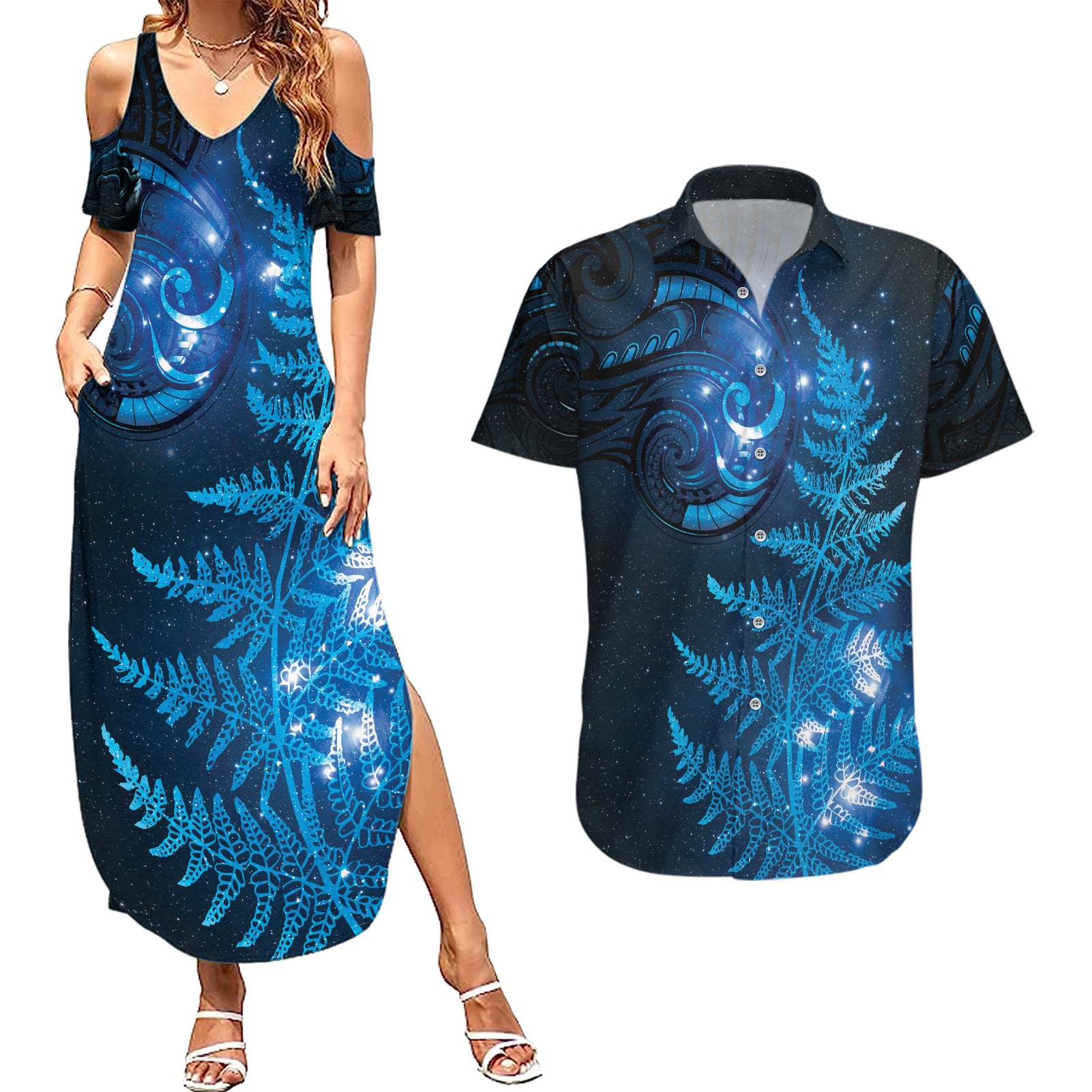 New Zealand Matariki Couples Matching Summer Maxi Dress and Hawaiian Shirt Blue Milky Way Stars Night Sky