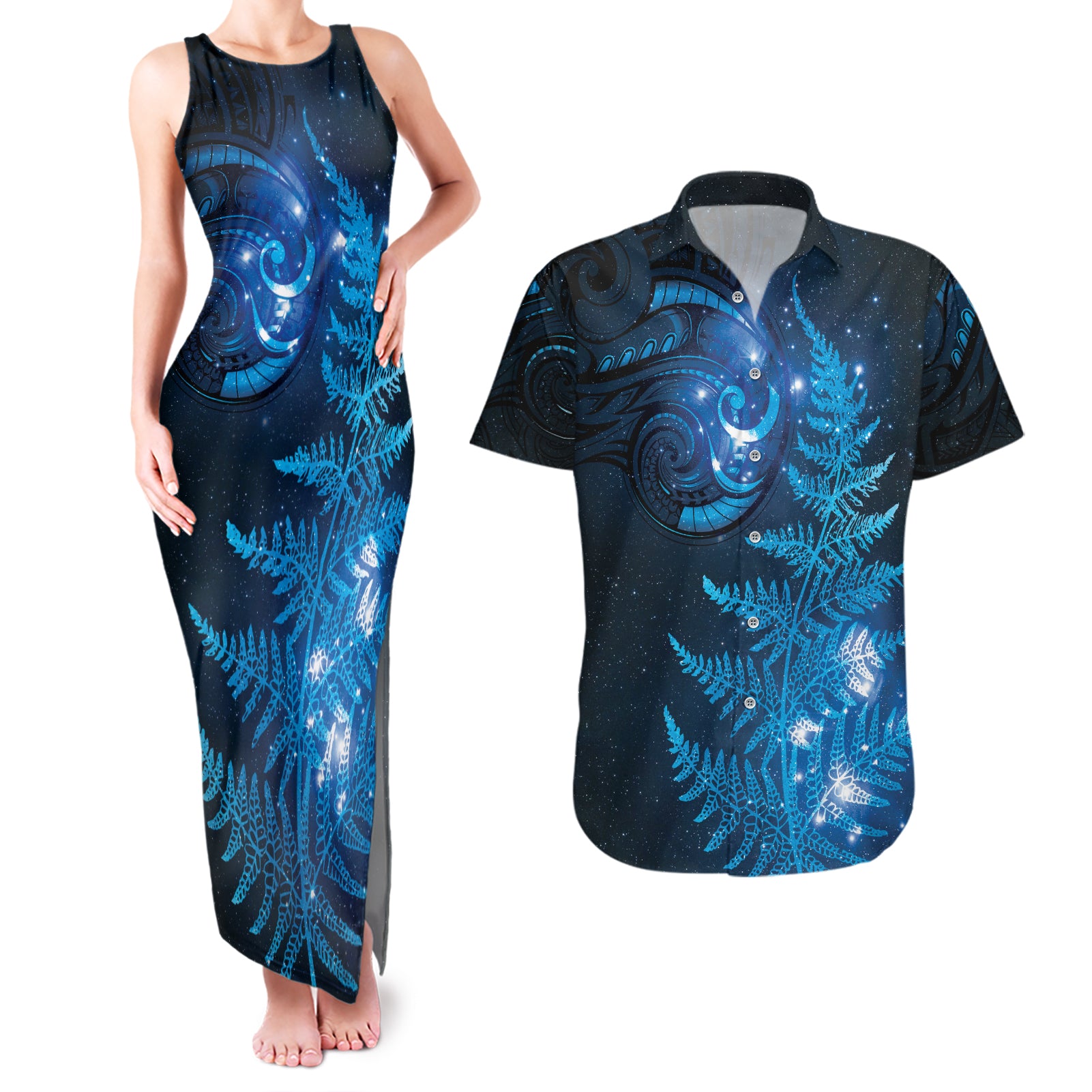 New Zealand Matariki Couples Matching Tank Maxi Dress and Hawaiian Shirt Blue Milky Way Stars Night Sky