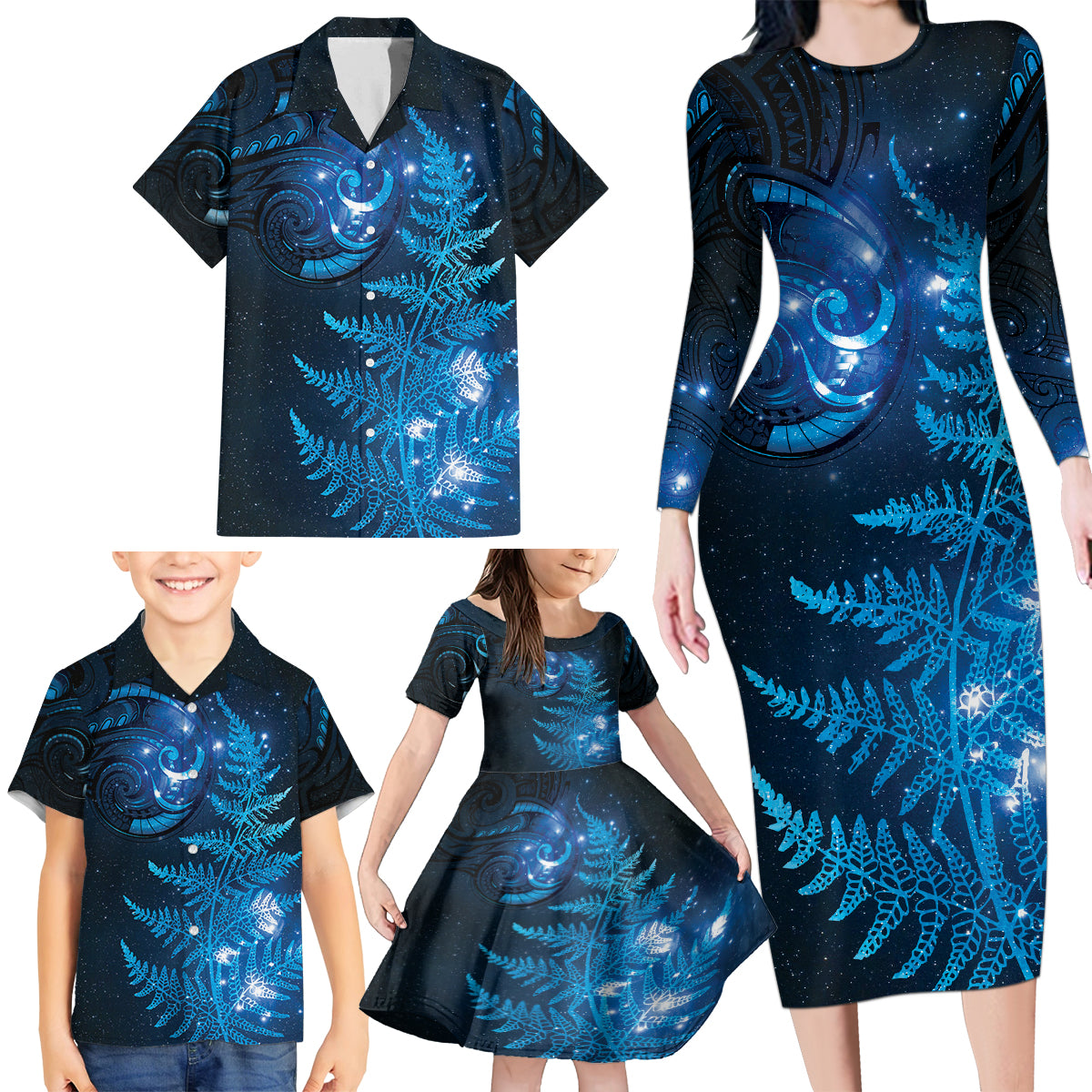 New Zealand Matariki Family Matching Long Sleeve Bodycon Dress and Hawaiian Shirt Blue Milky Way Stars Night Sky