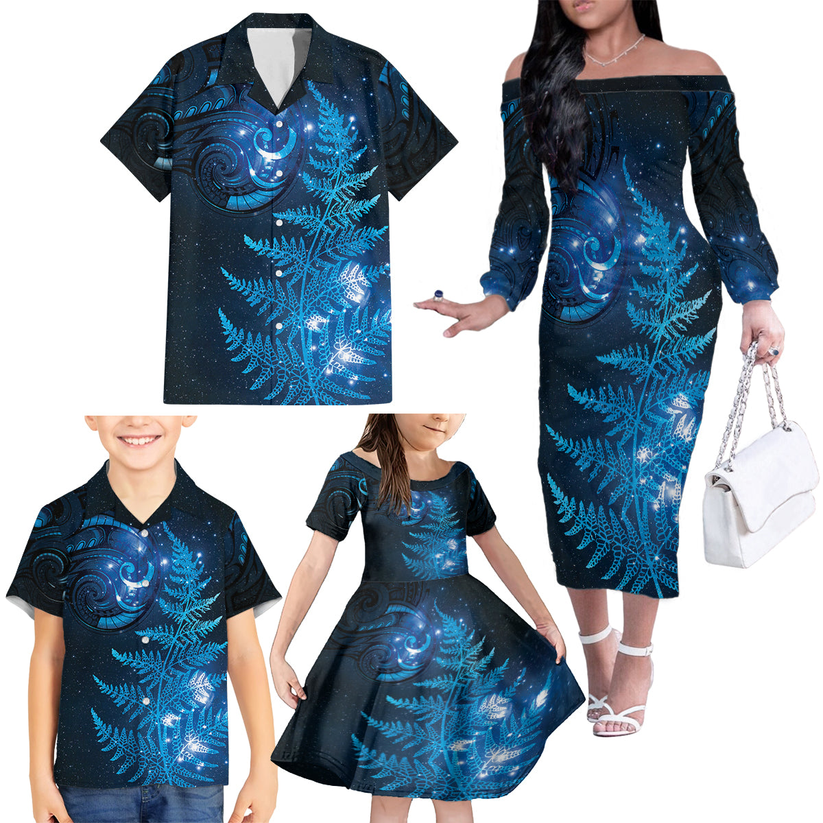 New Zealand Matariki Family Matching Off The Shoulder Long Sleeve Dress and Hawaiian Shirt Blue Milky Way Stars Night Sky