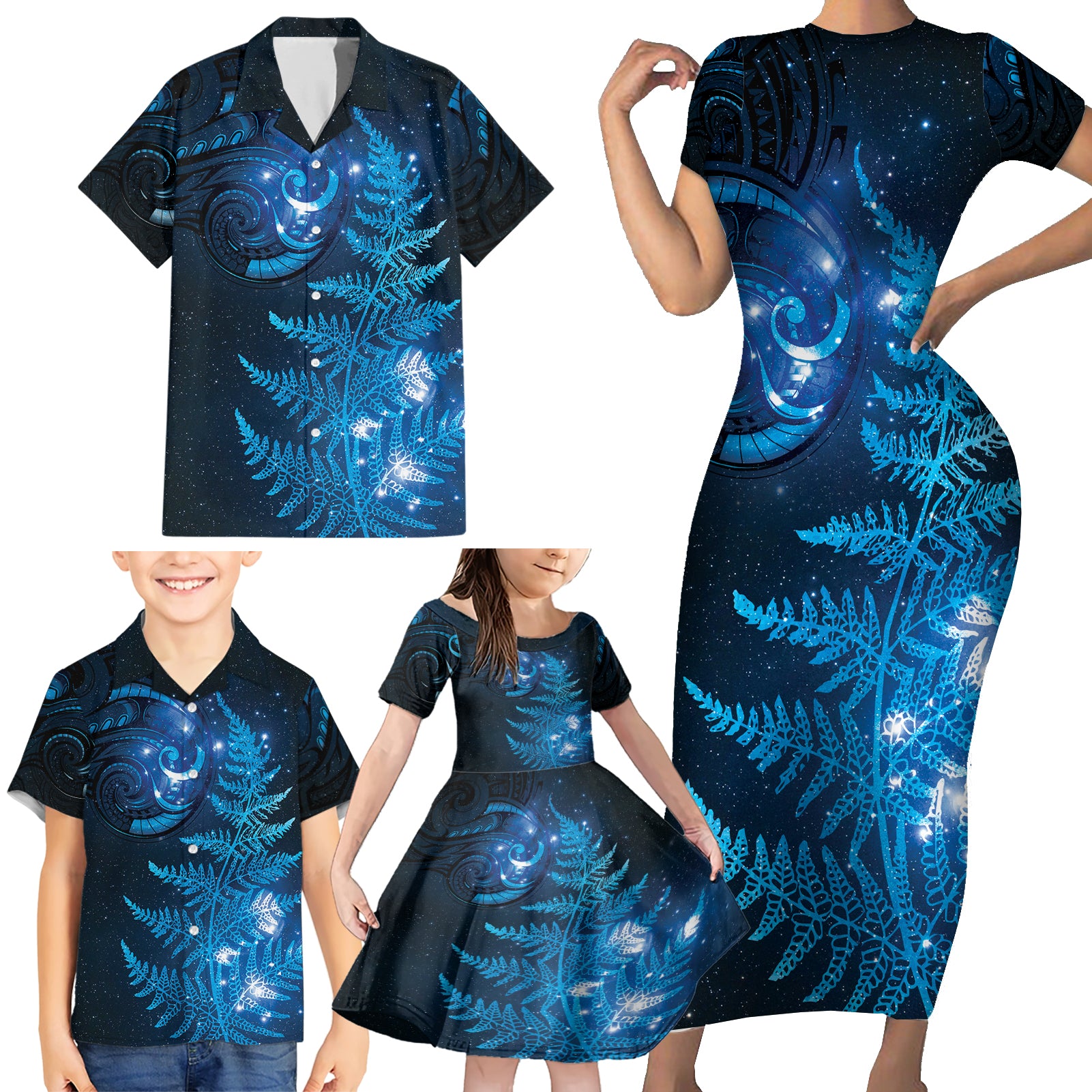 New Zealand Matariki Family Matching Short Sleeve Bodycon Dress and Hawaiian Shirt Blue Milky Way Stars Night Sky