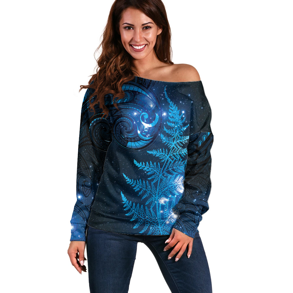 New Zealand Matariki Off Shoulder Sweater Blue Milky Way Stars Night Sky