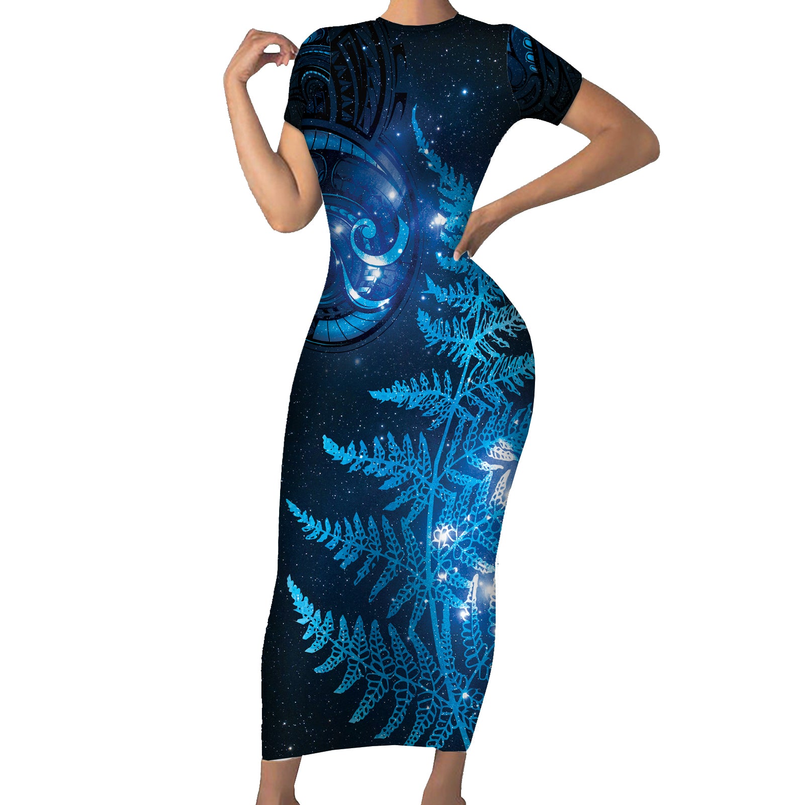 New Zealand Matariki Short Sleeve Bodycon Dress Blue Milky Way Stars Night Sky