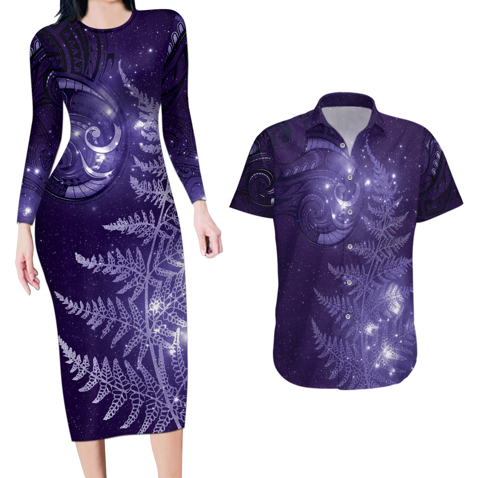 New Zealand Matariki Couples Matching Long Sleeve Bodycon Dress and Hawaiian Shirt Purple Milky Way Stars Night Sky