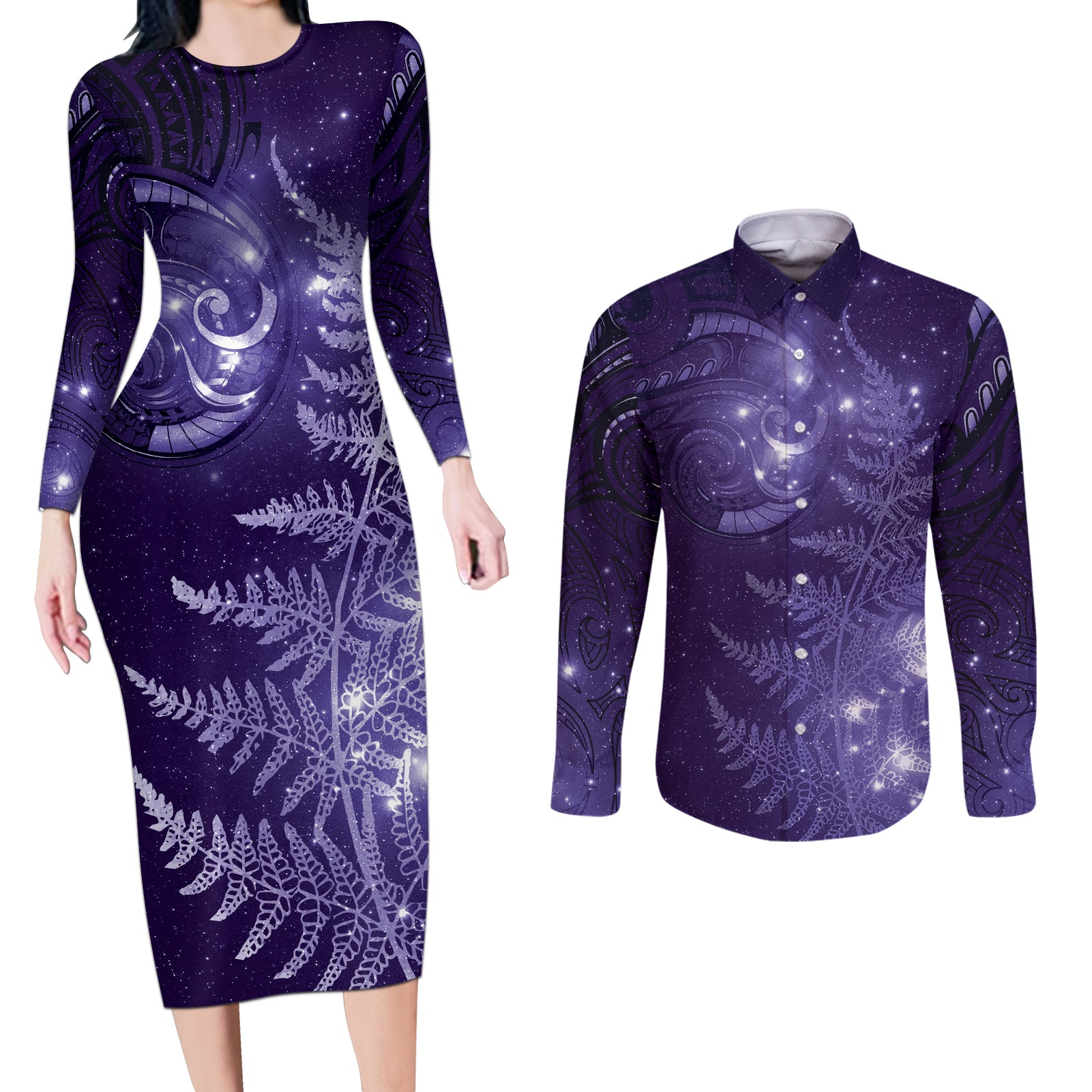 New Zealand Matariki Couples Matching Long Sleeve Bodycon Dress and Long Sleeve Button Shirt Purple Milky Way Stars Night Sky