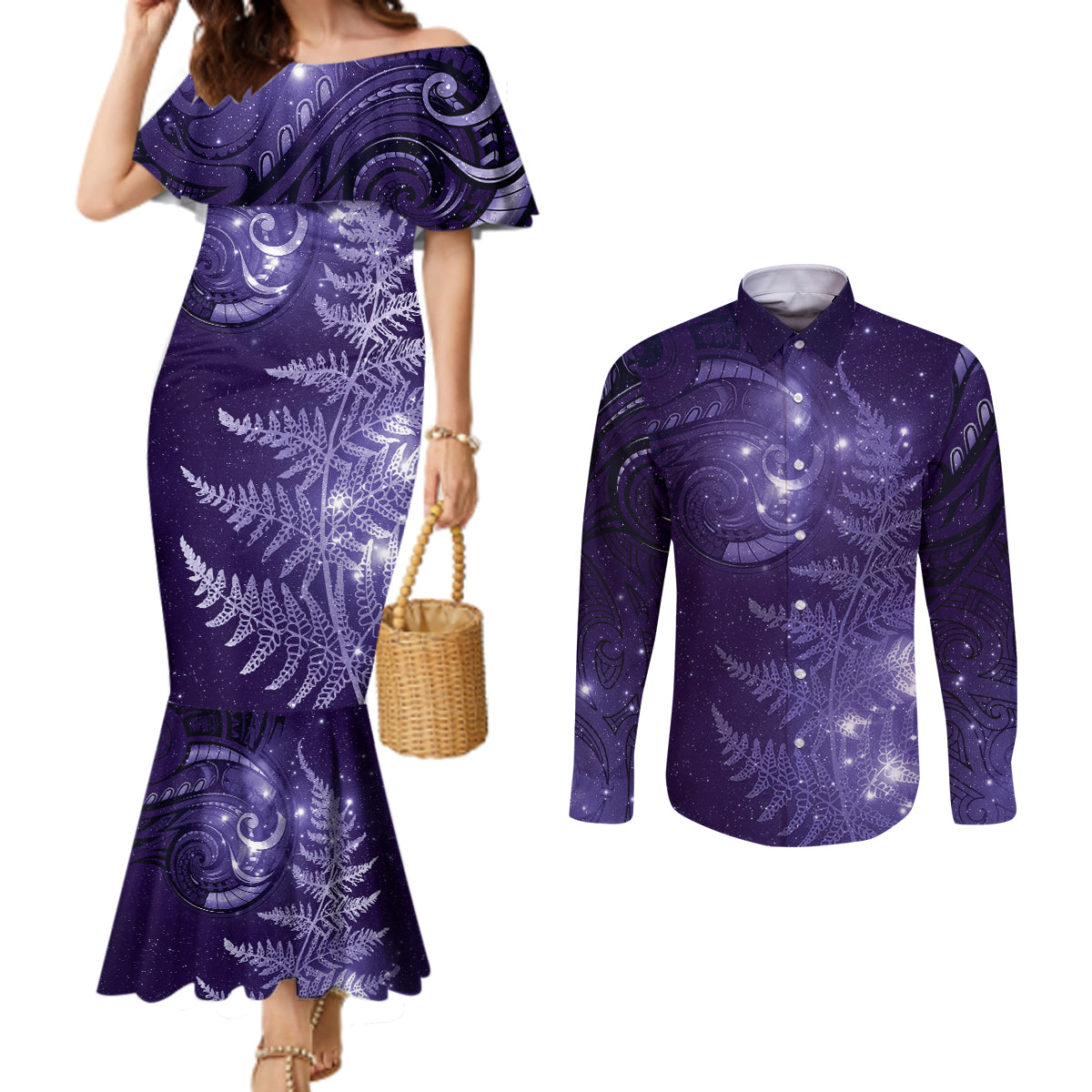 New Zealand Matariki Couples Matching Mermaid Dress and Long Sleeve Button Shirt Purple Milky Way Stars Night Sky