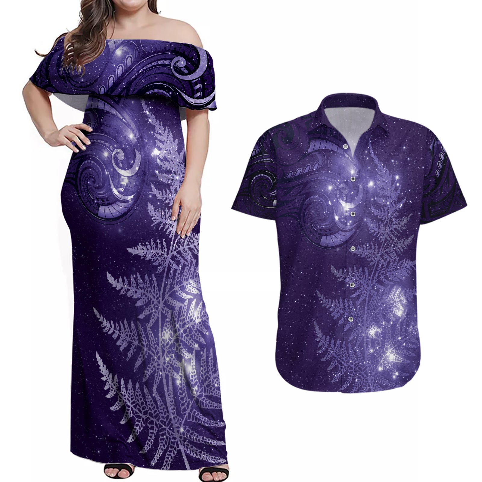 New Zealand Matariki Couples Matching Off Shoulder Maxi Dress and Hawaiian Shirt Purple Milky Way Stars Night Sky