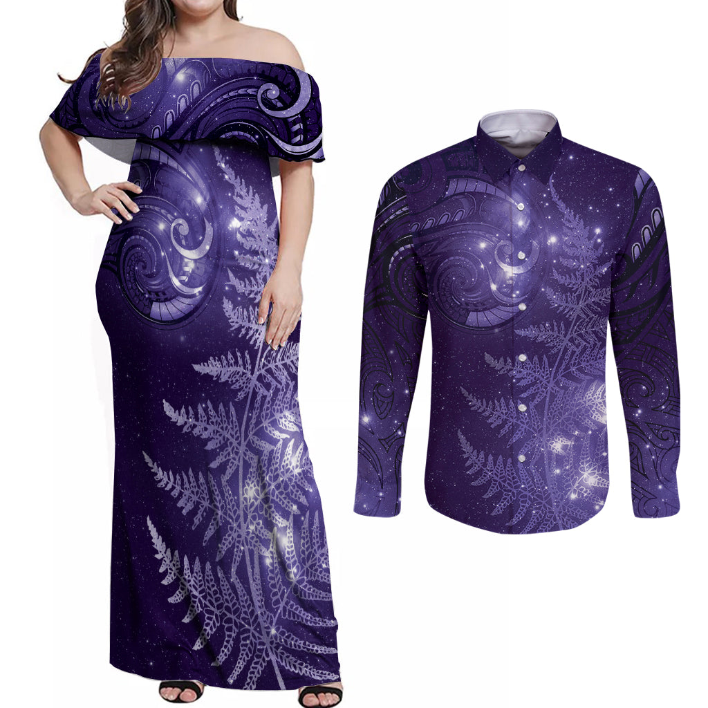 New Zealand Matariki Couples Matching Off Shoulder Maxi Dress and Long Sleeve Button Shirt Purple Milky Way Stars Night Sky