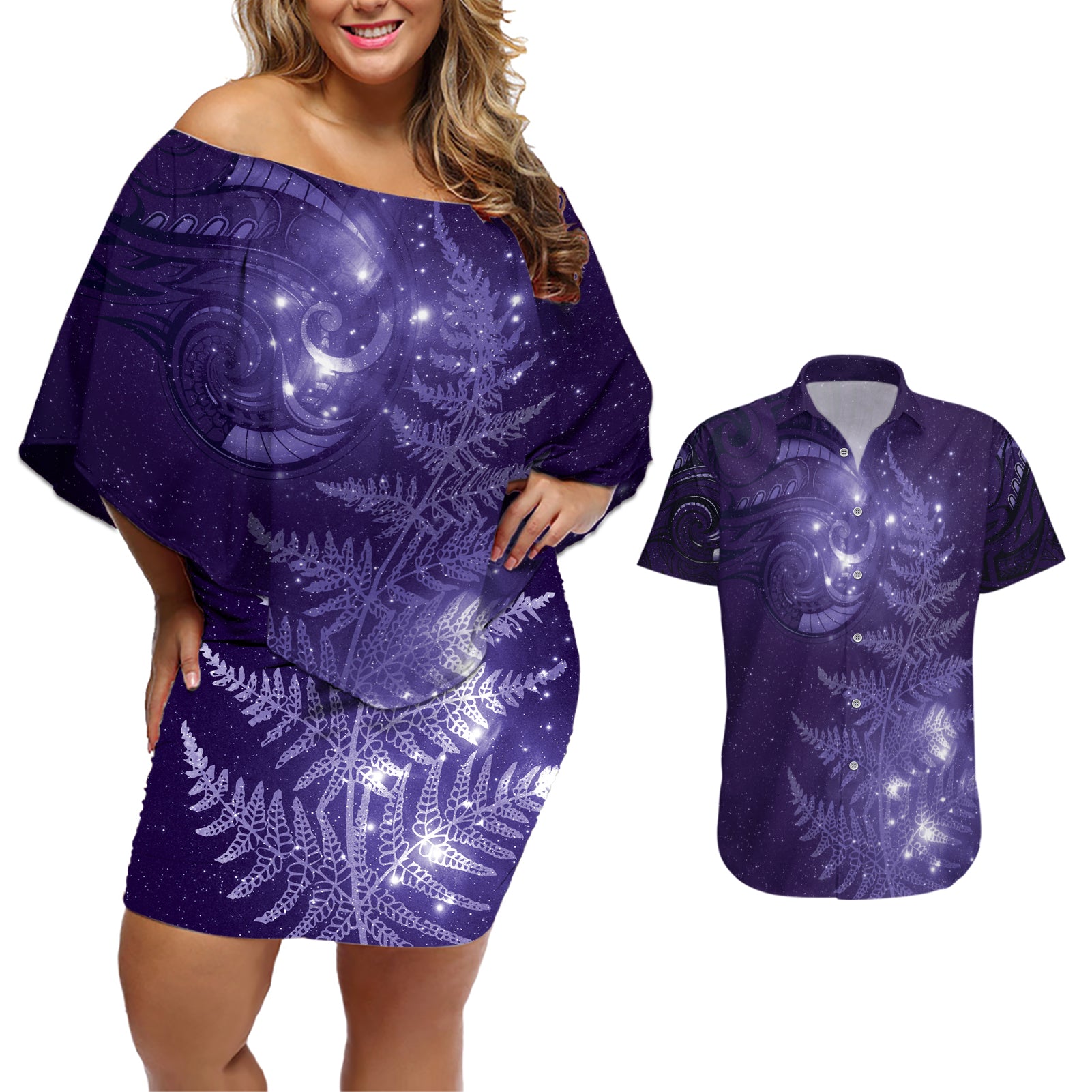 New Zealand Matariki Couples Matching Off Shoulder Short Dress and Hawaiian Shirt Purple Milky Way Stars Night Sky