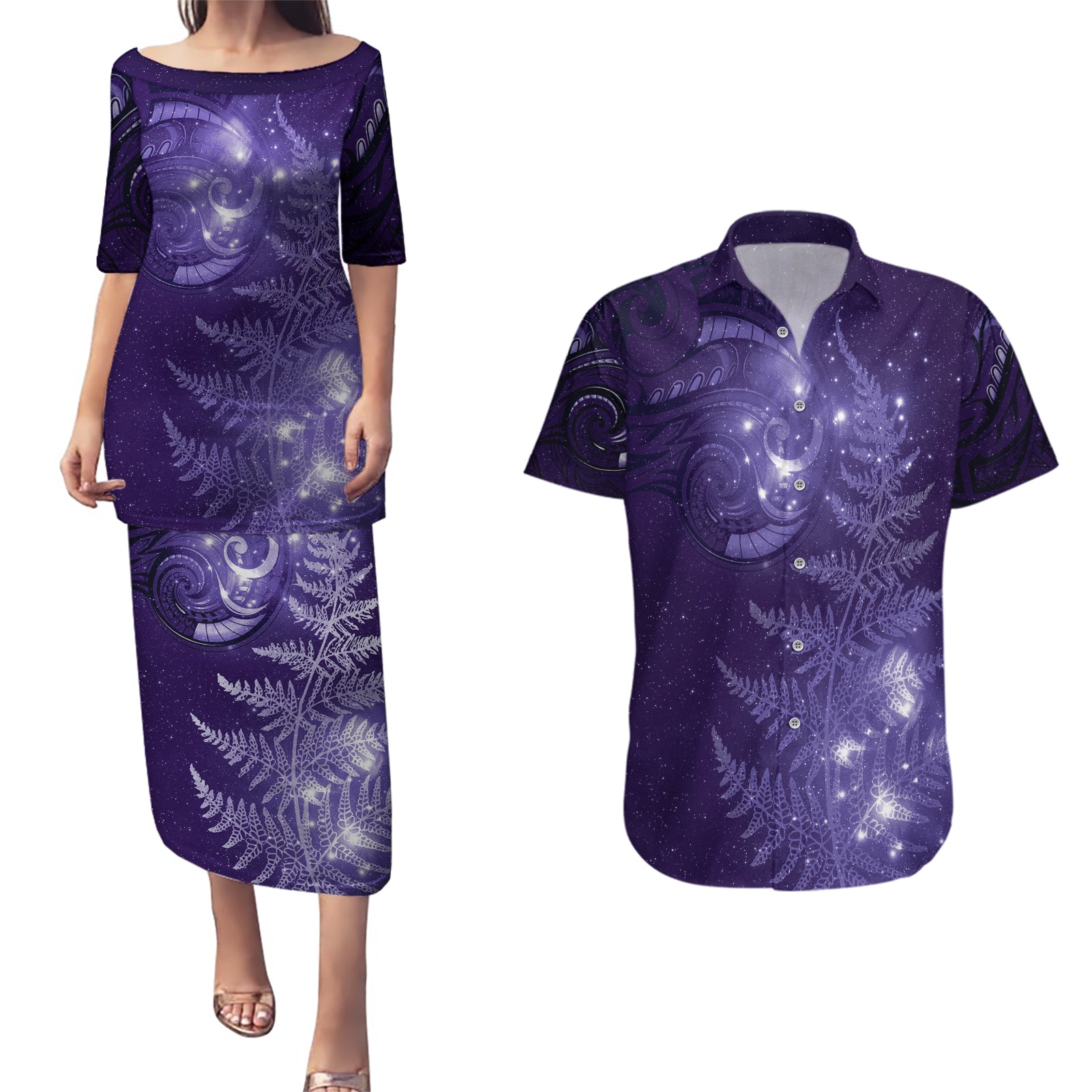 New Zealand Matariki Couples Matching Puletasi and Hawaiian Shirt Purple Milky Way Stars Night Sky