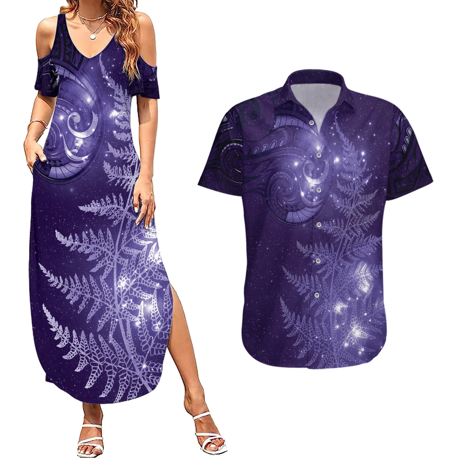 New Zealand Matariki Couples Matching Summer Maxi Dress and Hawaiian Shirt Purple Milky Way Stars Night Sky