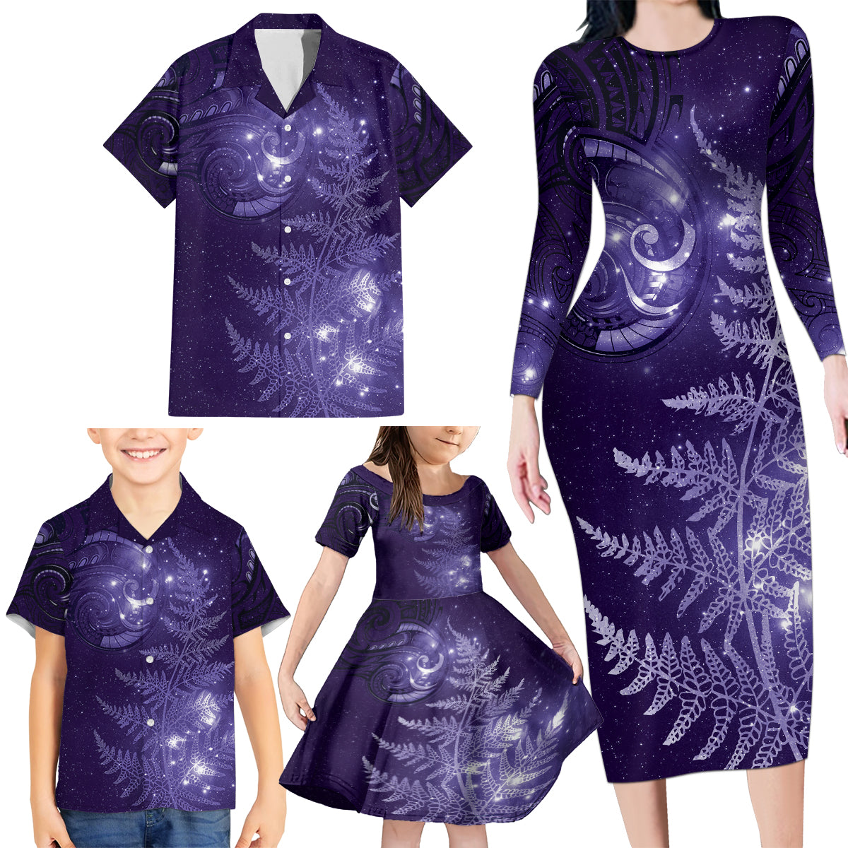 New Zealand Matariki Family Matching Long Sleeve Bodycon Dress and Hawaiian Shirt Purple Milky Way Stars Night Sky