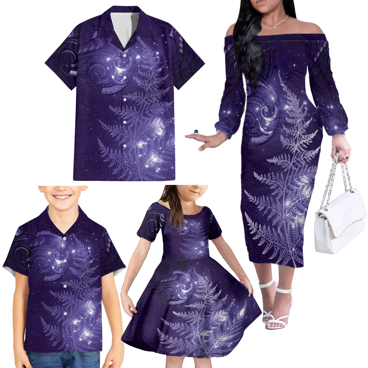 New Zealand Matariki Family Matching Off The Shoulder Long Sleeve Dress and Hawaiian Shirt Purple Milky Way Stars Night Sky